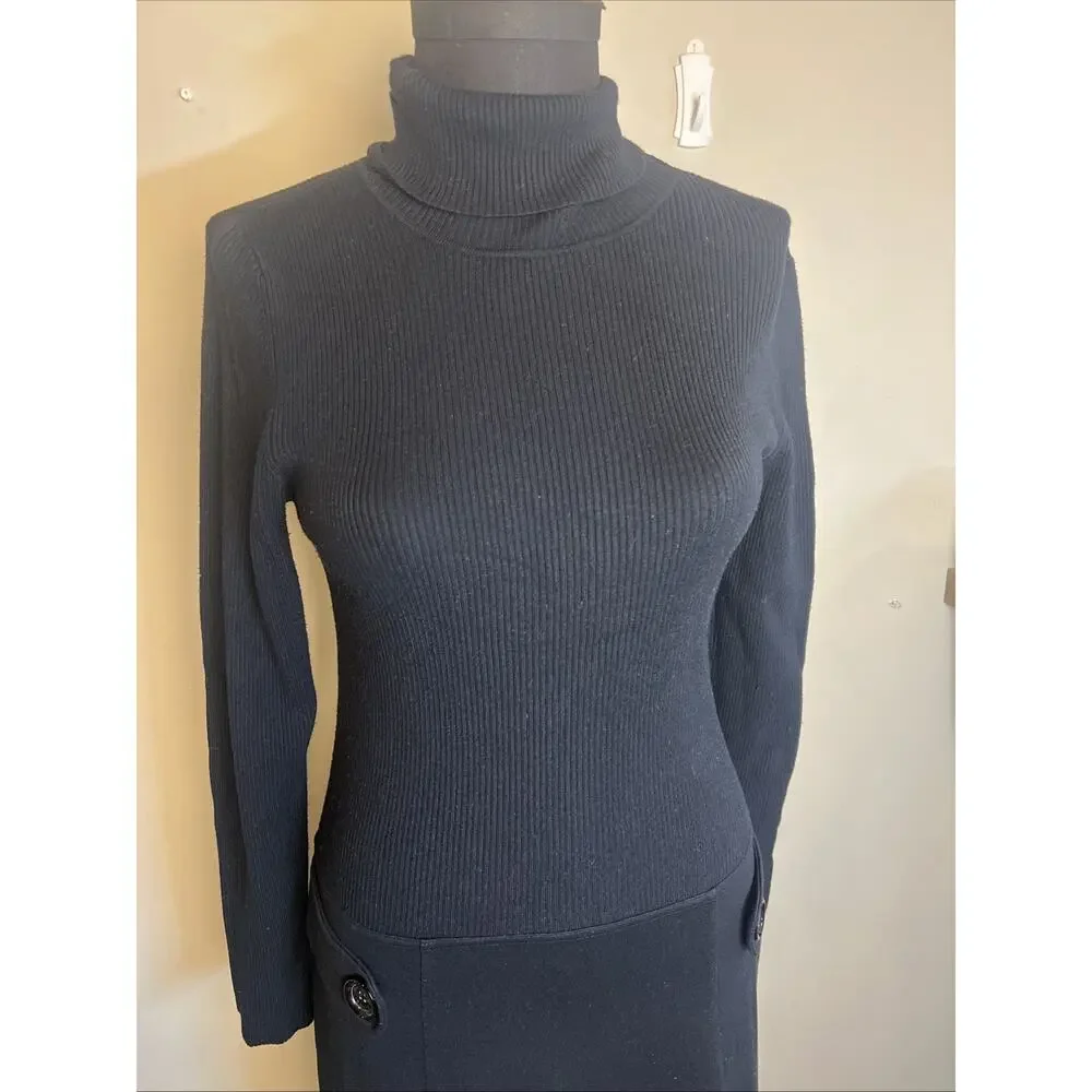 Michael Kors‎ Black Dress Medium Turtleneck Drop Waist Sweater Top Retro
